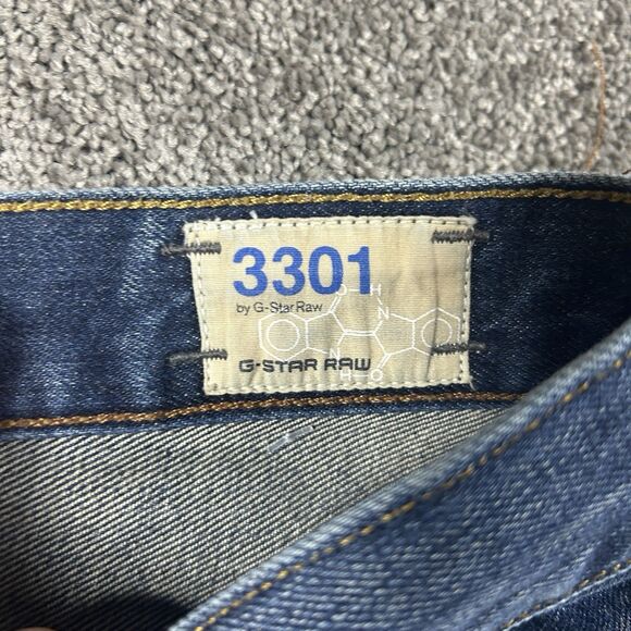 G Star RAW 3301 Jeans Men 34x32 Blue 3301 Slim Straight Stretch Denim Whiskered - Picture 6 of 16
